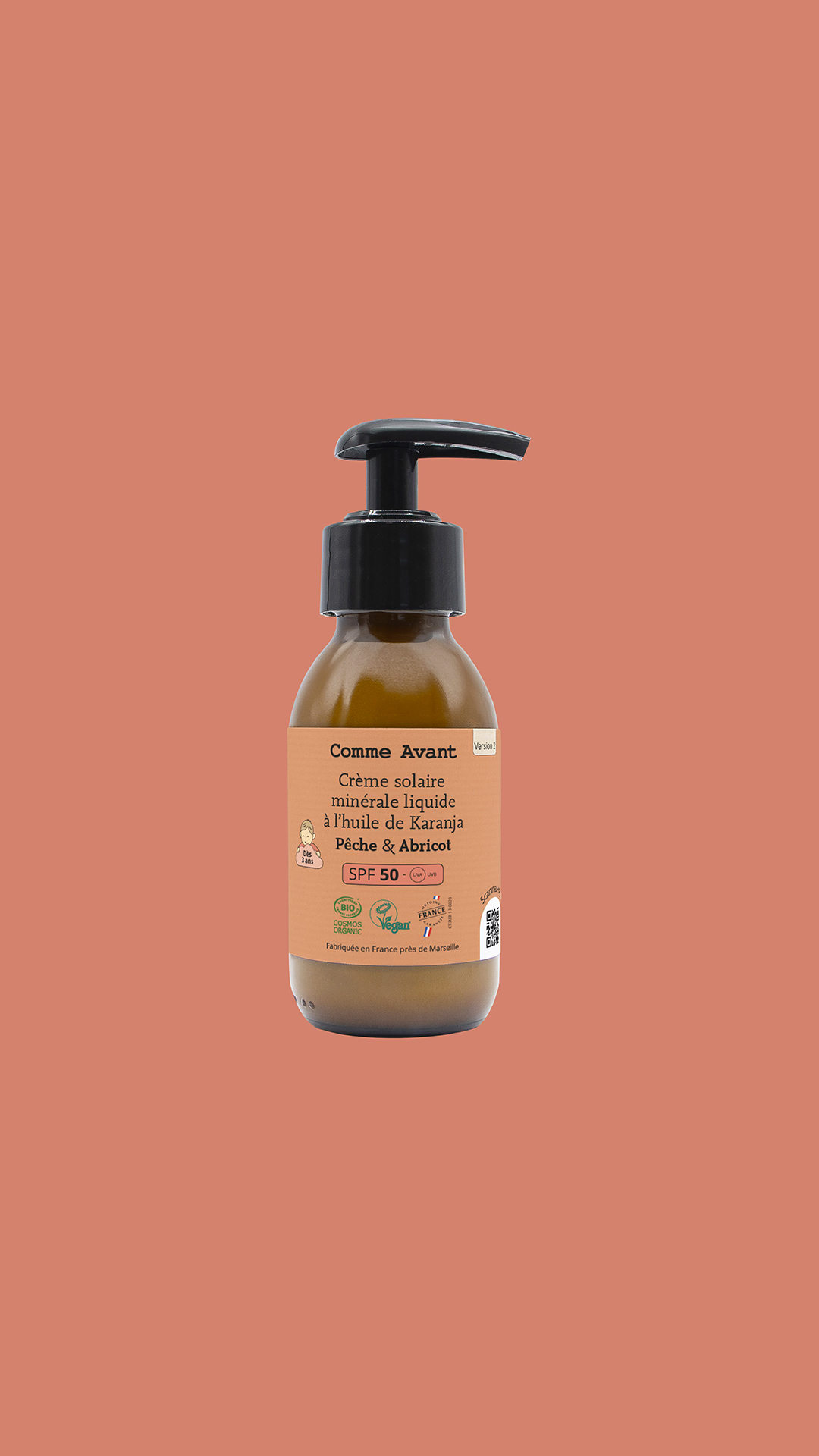 Crème Solaire Liquide SPF50 Minérale Bio 90ml - Visage & Corps - Naturelle - Filtre Minéral - Pêche & Abricot